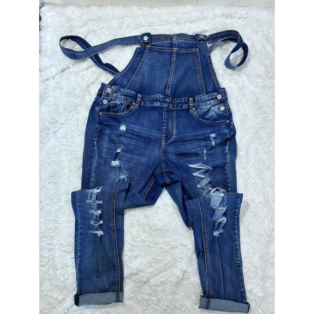 Almost Famous Women Distressed Denim Overalls Medium Wash Skinny Size 14